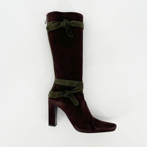 Vintage Prada Brown Green Suede Tie Strap Two-Tone Knee High Block Heel Boots 38 - Picture 2 of 12